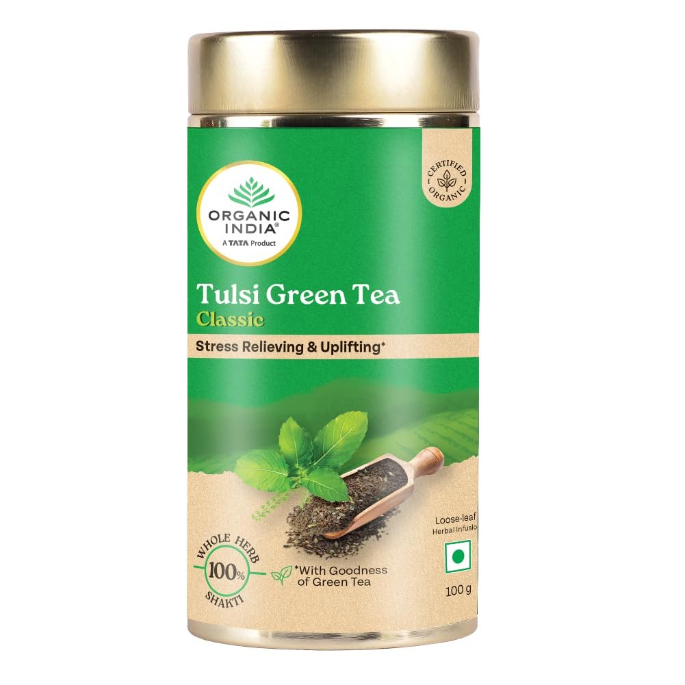 A TATA Product - Organic India Tulsi Green Tea Classic Loose Leaves - 100g, Stress Relieving, Uplifts Mood, Rich in Antioxidants, Blend of Rama, Krishna & Vana, Certified Organic