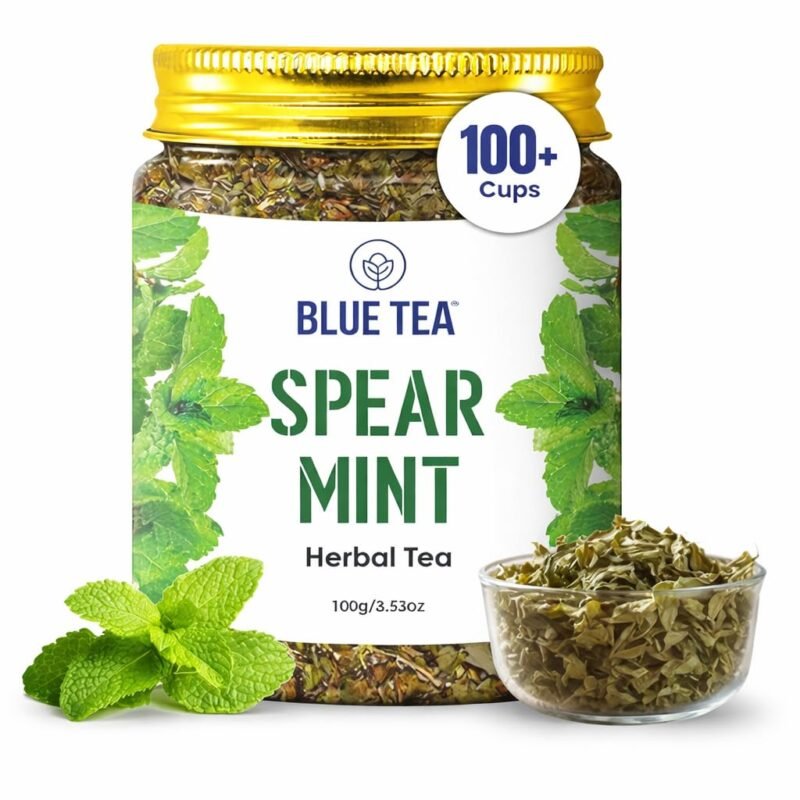BLUE TEA - Spearmint Herbal Tea - 100 gm -100 Cups | Pcos & Pmos Relief | Balances Hormones, Reduces Facial Hair & Acne and Supports Digestion | Herbal Tea - Dried Loose Leaf - Caffeine Free | Reusable Pet Jar