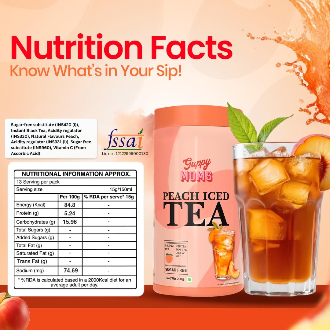 Guppy Moms Sugar-Free Peach Iced Tea Mix, Low-Calorie Fruit Drink Powder, Natural Energy Beverage, Premium Mixer, 200g, Makes 20 Servings - Image 8