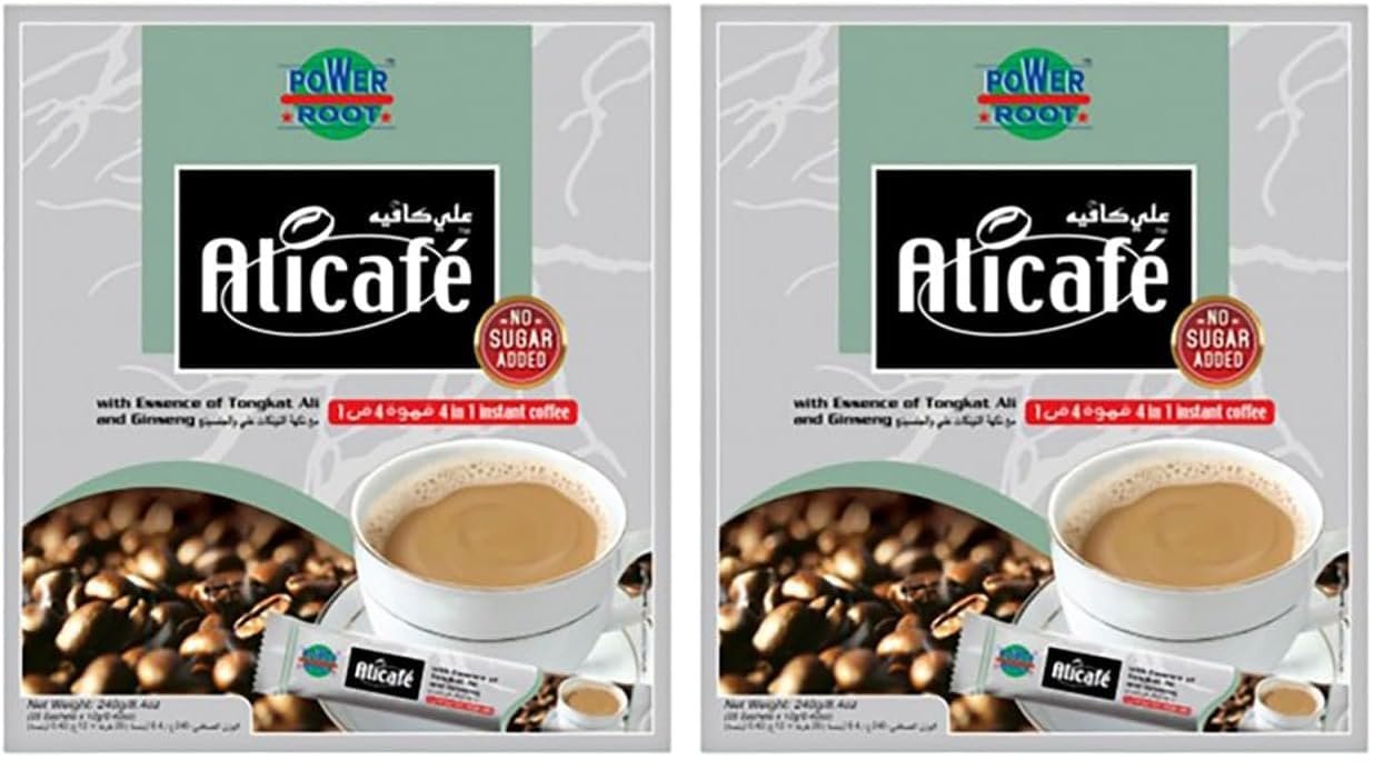 ALICAFE NO SUGAR ADDED INSTANT COFFEE WITH ESSENCE OF TANGKAT ALI AND GINSENG (20SACHETS X 12G) 240g (Pack of 2)