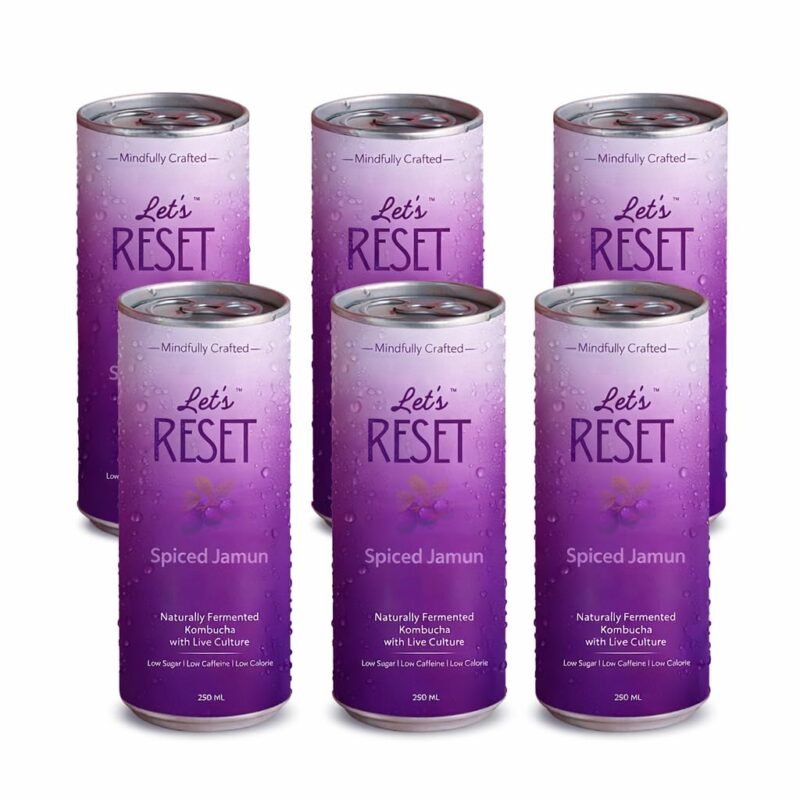 Let's Reset Spiced Jamun Craft Kombucha Drink, Pack Of 6 × 250 ml, Low Calorie, Low Sugar, Low Caffeine, Naturally Fermented Beverage, Gluten Free, Vegan, Functional Drink
