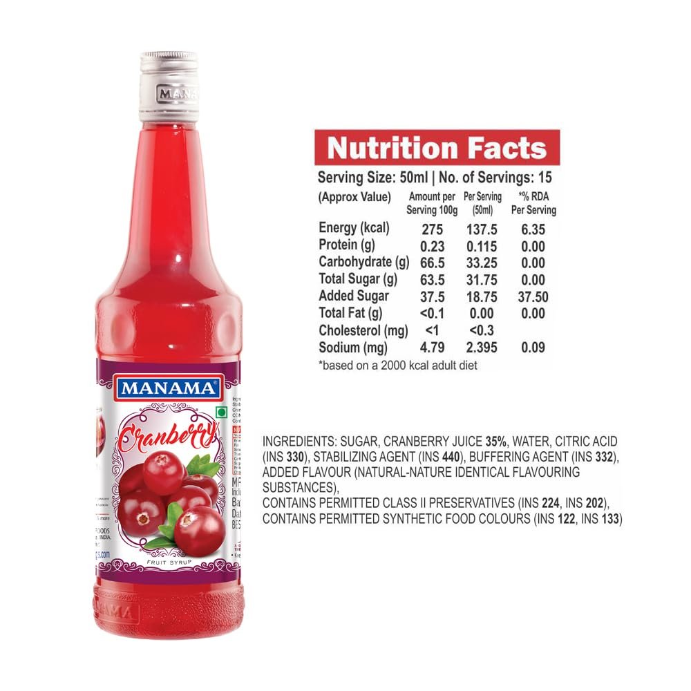 Cranberry Fruit Syrup | Mixer for Mocktails, Cocktails, Drinks, Juices, Beverages | Non Alcoholic Mix 750ML Bottle - Image 3