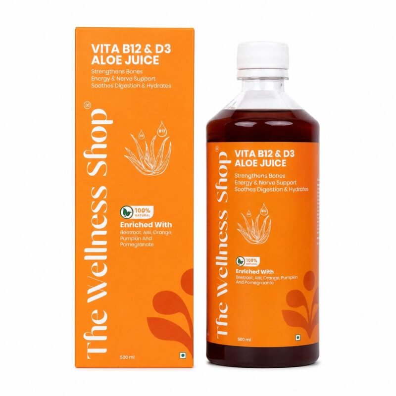 The Wellness Shop Vitamin B12 & D3 Juice with Aloe Vera, Orange & Pomegranate | Energy & Immunity Support Drink | Supports Digestion, Bone & Heart Health | 500ml