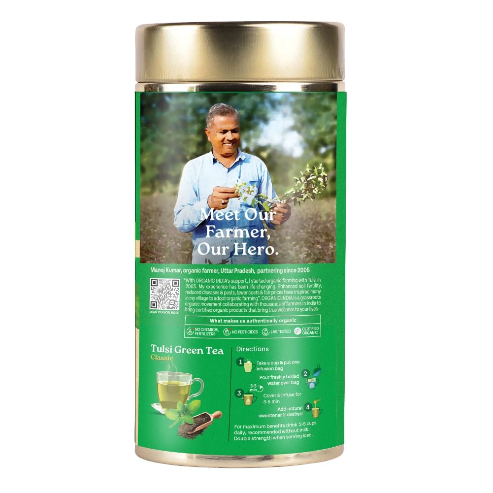 A TATA Product - Organic India Tulsi Green Tea Classic Loose Leaves - 100g, Stress Relieving, Uplifts Mood, Rich in Antioxidants, Blend of Rama, Krishna & Vana, Certified Organic - Image 3
