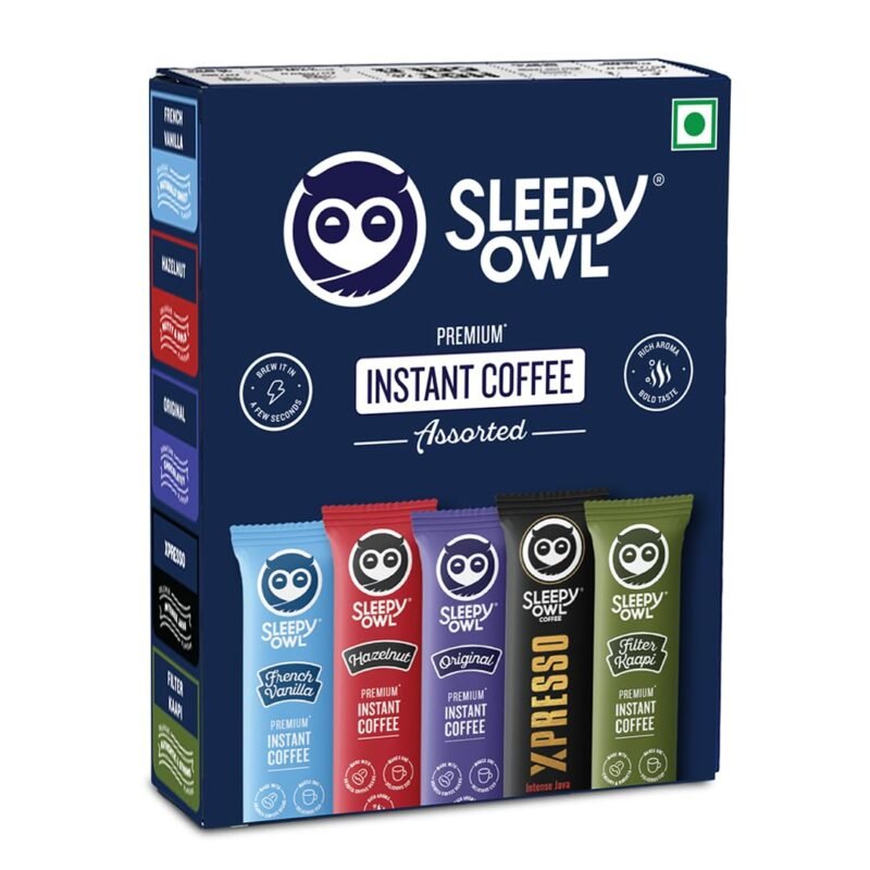 Sleepy Owl Pack of 10 Premium Instant Coffee Sachets | 2g Each - Flavoured Coffee Pouch | 5 Delicious Flavours - Original/Hazelnut/French Vanilla/Filter Coffee/Xpresso | Travel Pack - Easy to Use & Carry | Makes 10 Cups