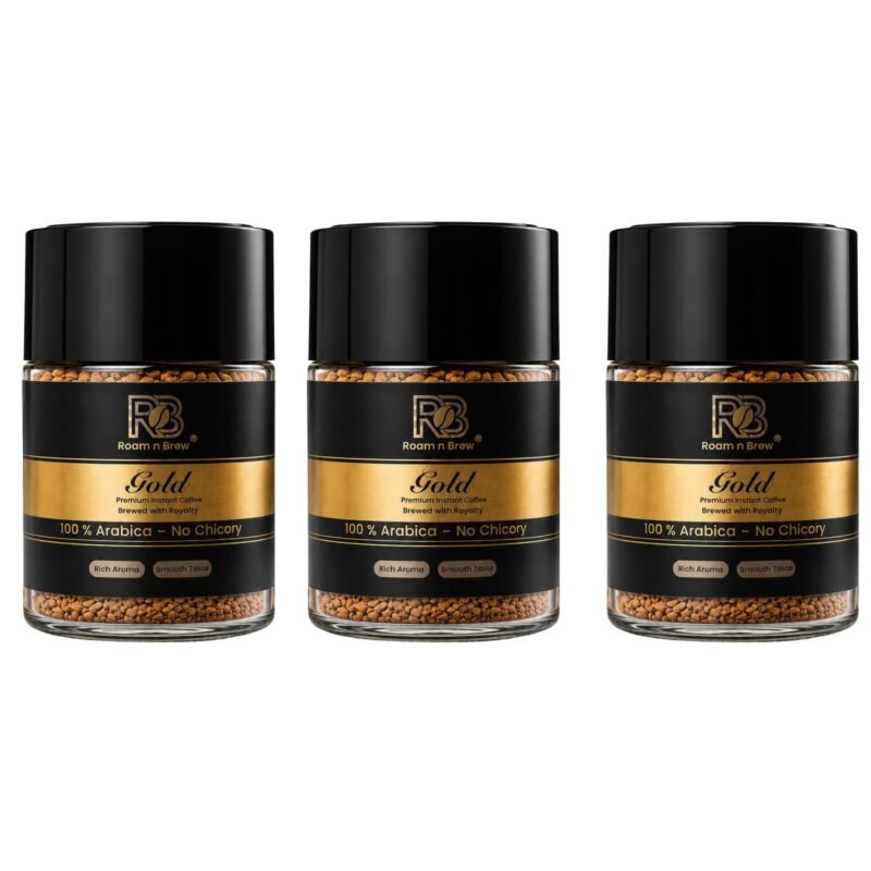 Roam N Brew Gold Coorg Arabica Instant Coffee 45g Pack of 3 | 18–22 Cups per Jar | No Chicory, No Additives