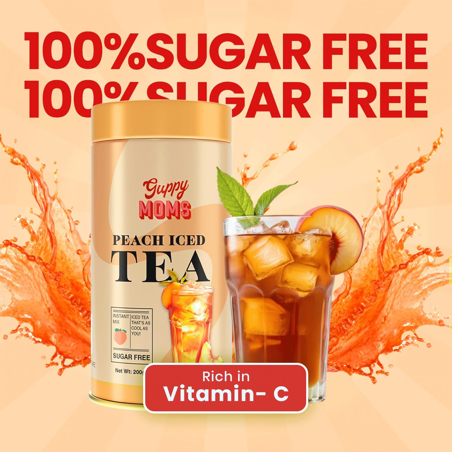 Guppy Moms Sugar-Free Peach Iced Tea Mix, Low-Calorie Fruit Drink Powder, Natural Energy Beverage, Premium Mixer, 200g, Makes 20 Servings - Image 2