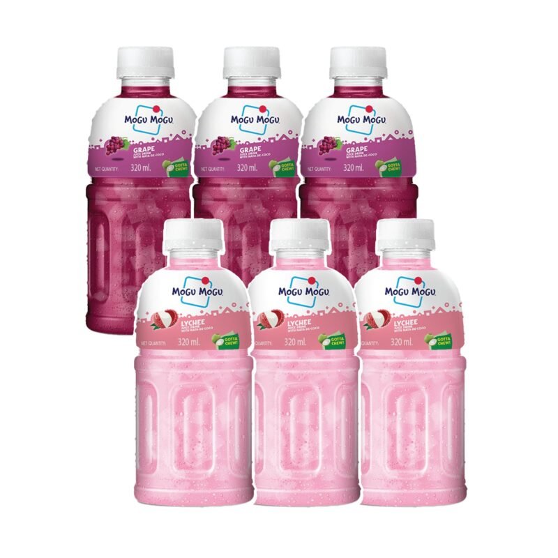 Lychee & Grape Juice Drink with Nata de Coco Jelly 320ml (Pack of 6)| Refreshing Tropical Thai-Made Sip & Chew Beverage