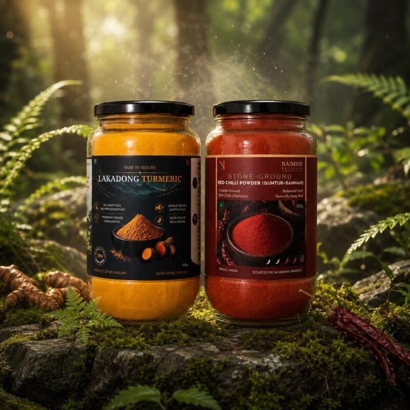 Earth & Fire | Stone Ground Lakadong Turmeric Powder 500g & Stone Ground Sannam Chilli Powder 500g | Curated Indian Spice Collection | Separate Jars | Everyday Cooking Essentials | Total 1000g