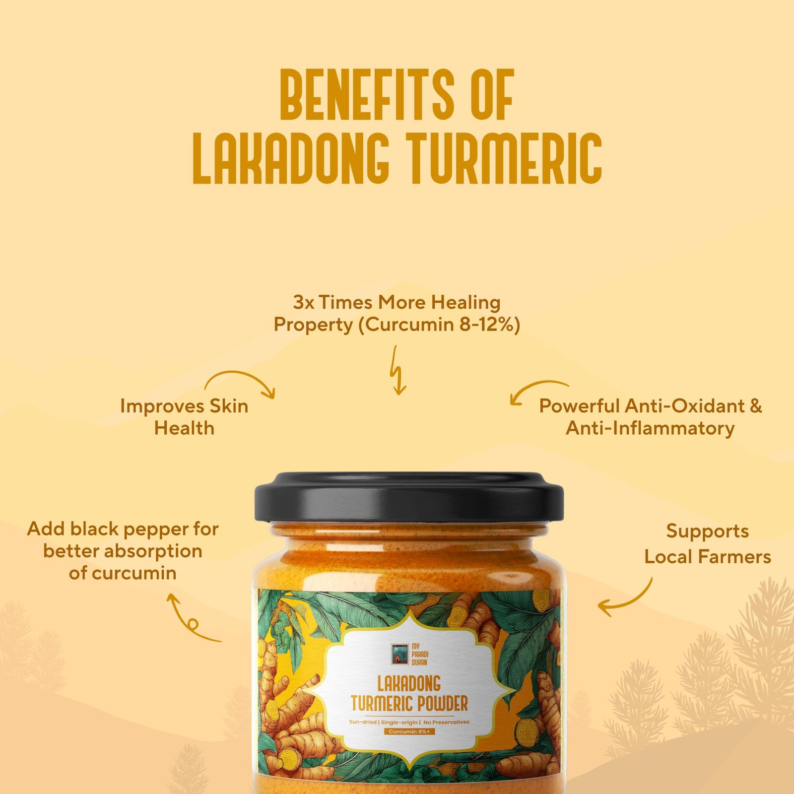 My Pahadi Dukan Lakadong Turmeric Powder 100g, Single-Origin, 8–10% Curcumin, Hand-Harvested & Sun-Dried, Pure & Chemical-Free Haldi, Strong Aroma & Deep Golden Color, Lab-Tested, from Meghalaya - Image 3