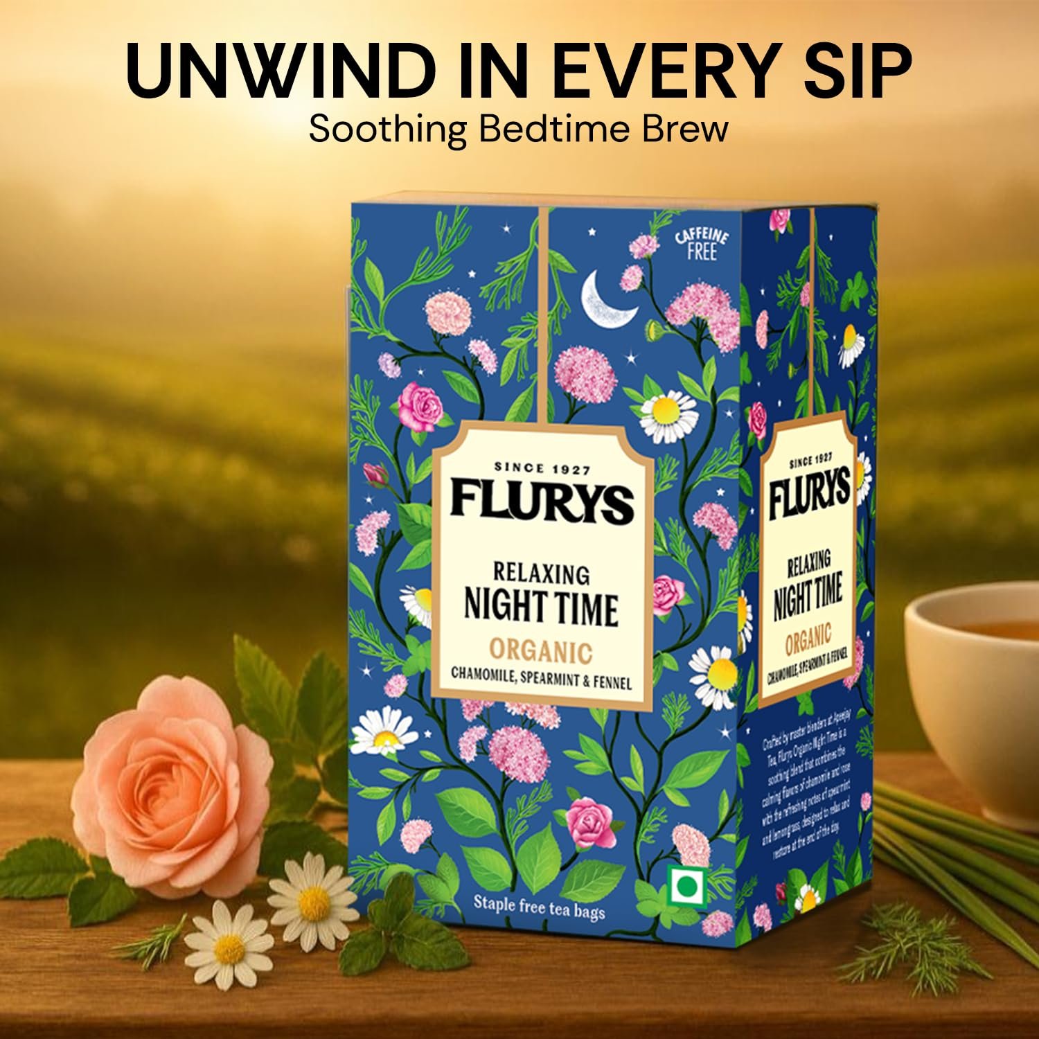 Flurys Organic Night Time Herbal Tea – Caffeine-Free Bed Time Tea | Chamomile, Rose, Spearmint, Lemongrass, Nettle | 20 Tea Bags - Image 2