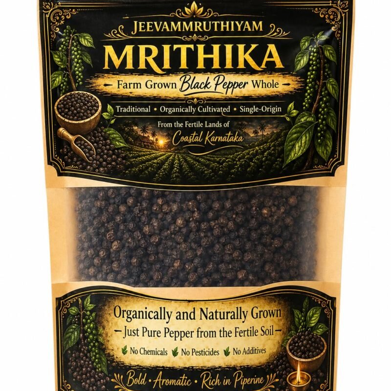 Black Pepper Whole (Kali Mirch Sabut) – MRITHIKA Farm Grown Peppercorns | No Pesticides | Coastal Karnataka Origin | Fresh & Aromatic (200gm)