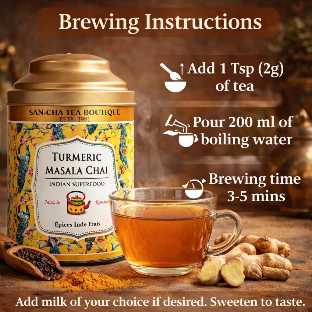 Sancha Tea Boutique Turmeric Masala Chai | Premium Spiced Black Tea with Turmeric, Ginger & Nutmeg | 100g Loose Leaf Chai Blend - Image 5