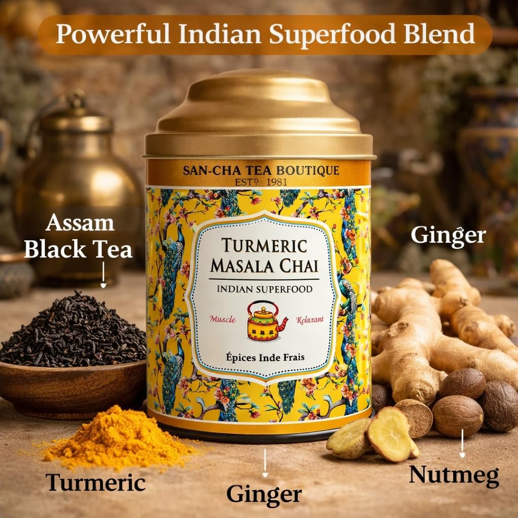 Sancha Tea Boutique Turmeric Masala Chai | Premium Spiced Black Tea with Turmeric, Ginger & Nutmeg | 100g Loose Leaf Chai Blend - Image 4
