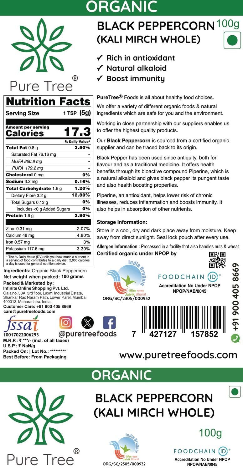 Pure Tree Certified Organic Kali Mirch Whole | 100 g | Organic Black Pepper Whole | Black Peppercorn | Aromatic Seeds | Miriyalu Whole Spices - Image 9