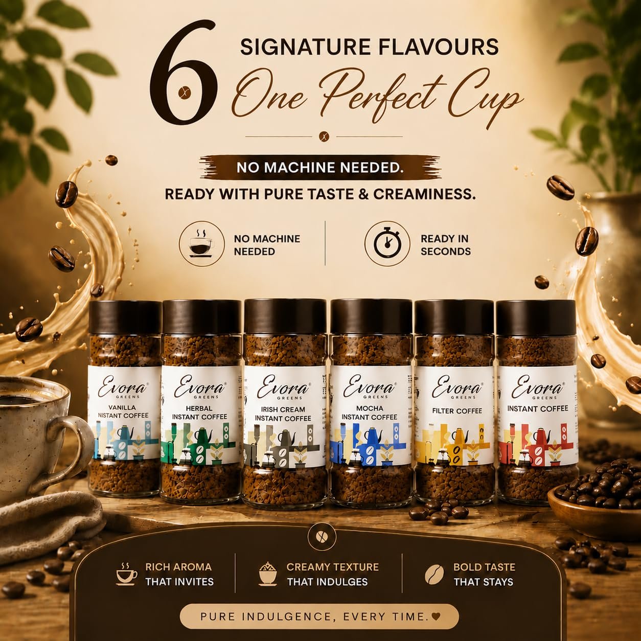 EVORA Greens 100gm Instant Coffee Powder | Irish Cream Flavour | Freeze Dried Coffee with Arabica & Robusta Blend - Medium Roast | Make Café Style Hot or Cold Coffee, black Coffee, Cappuccino, Latte at Home - Image 6