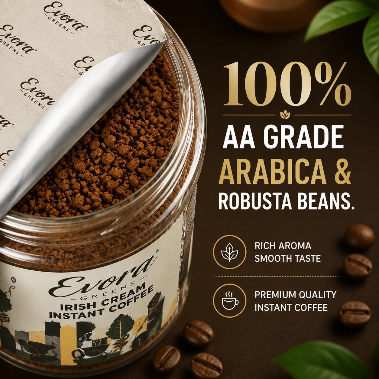 EVORA Greens 100gm Instant Coffee Powder | Irish Cream Flavour | Freeze Dried Coffee with Arabica & Robusta Blend - Medium Roast | Make Café Style Hot or Cold Coffee, black Coffee, Cappuccino, Latte at Home - Image 2