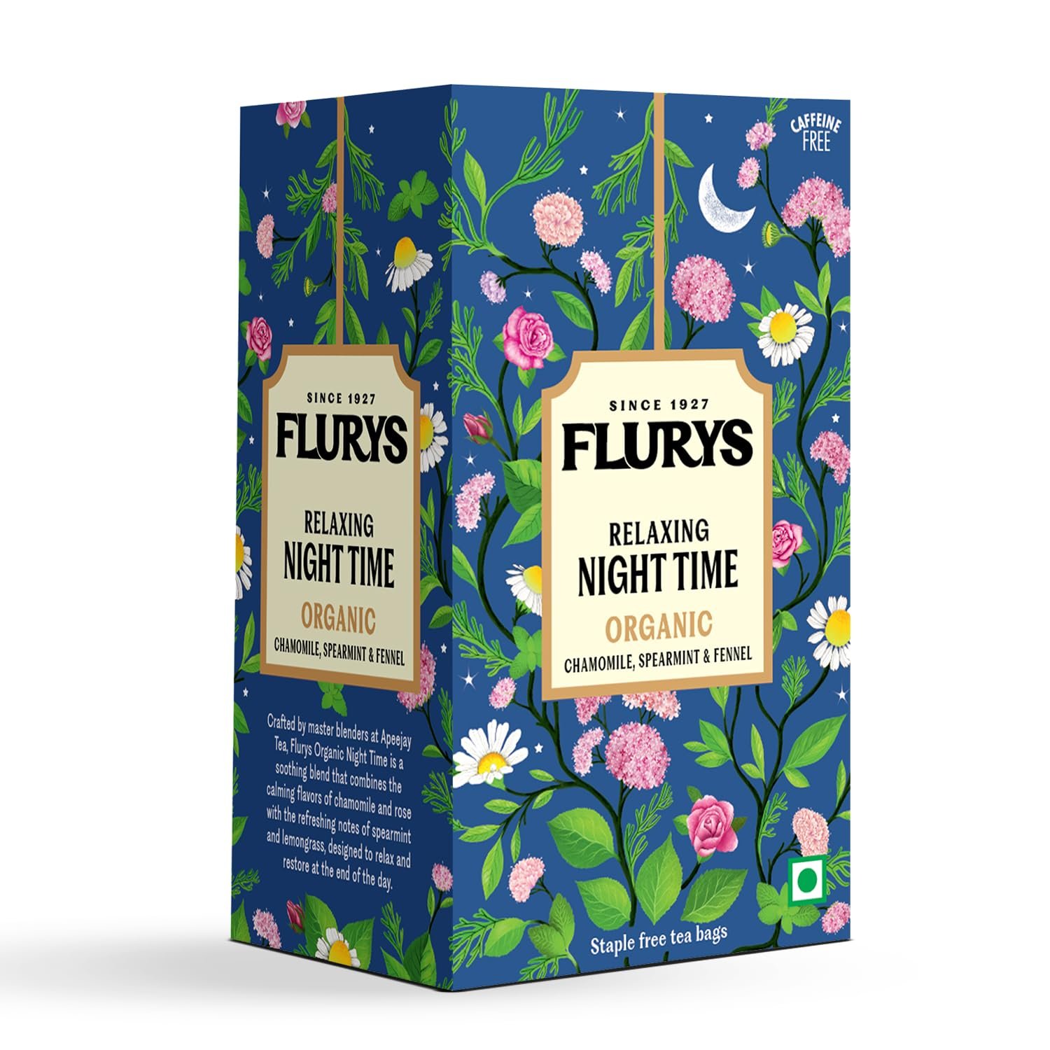 Flurys Organic Night Time Herbal Tea – Caffeine-Free Bed Time Tea | Chamomile, Rose, Spearmint, Lemongrass, Nettle | 20 Tea Bags