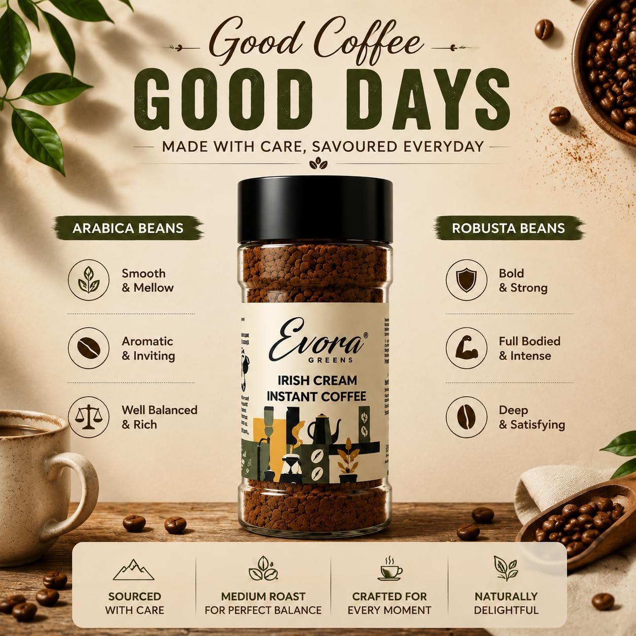 EVORA Greens 100gm Instant Coffee Powder | Irish Cream Flavour | Freeze Dried Coffee with Arabica & Robusta Blend - Medium Roast | Make Café Style Hot or Cold Coffee, black Coffee, Cappuccino, Latte at Home - Image 3