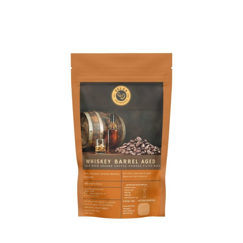 Whiskey Barrel Aged Cold Brew — 250 g Ready Bag | Makes 2.5L Smooth Premium Cold Brew | New Launch By Telaa Coffee and Tea