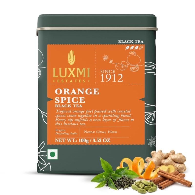 Luxmi Estates Orange Spice Black Tea 100 Gm Tin Caddy | Zesty Citrus & Warm Spice Infusion | Bold Black Tea | Refreshing & Energising | 100% Natural Blend