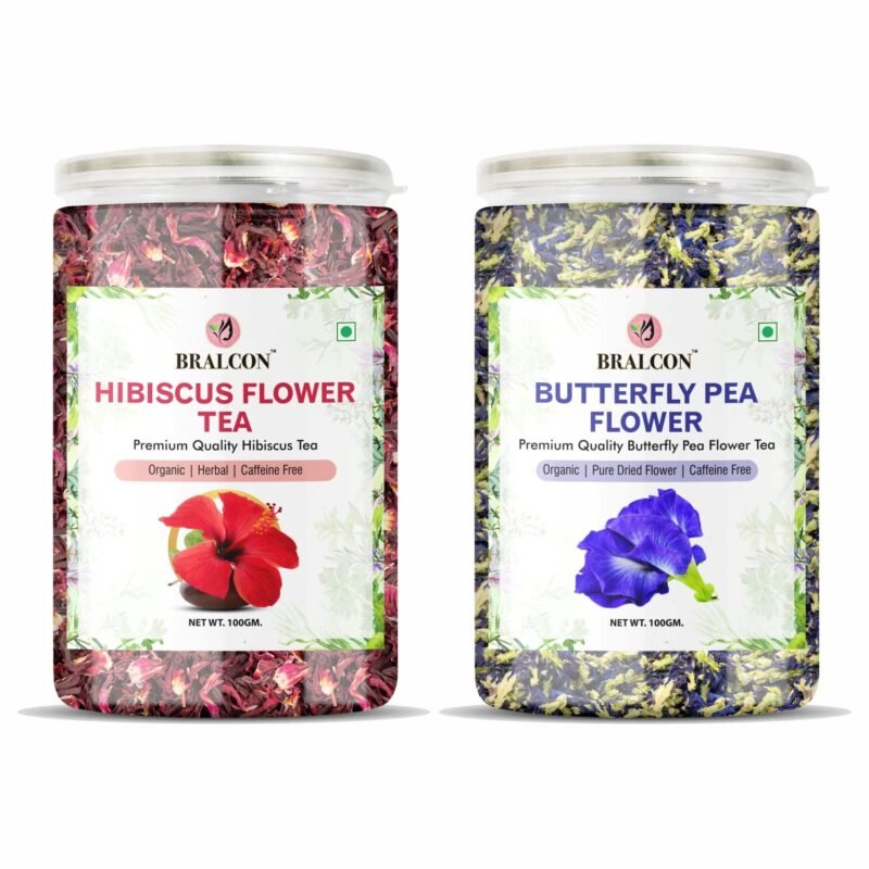 BRALCON Natural Herbal Tea Combo Pack - Hibiscus Flower Tea and Butterfly Pea Flower Tea - 200g (100g x 2 Pack) | Reduce Stress, Improve Digestion