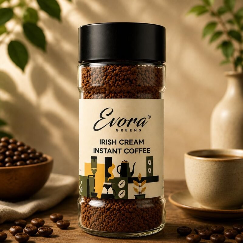 EVORA Greens 100gm Instant Coffee Powder | Irish Cream Flavour | Freeze Dried Coffee with Arabica & Robusta Blend - Medium Roast | Make Café Style Hot or Cold Coffee, black Coffee, Cappuccino, Latte at Home