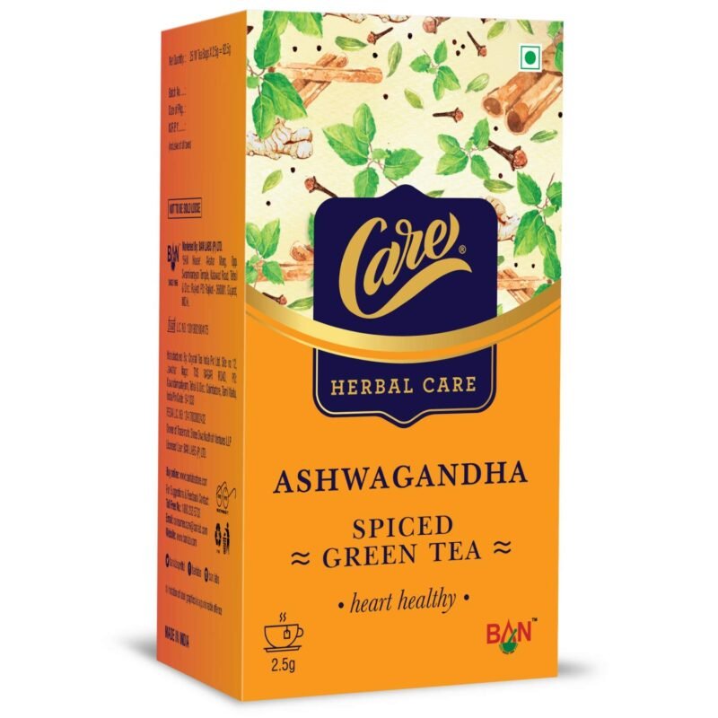 CARE Ashwagandha Spiced Green Tea with Tulsi Ginger & Cinnamon | Ayurvedic Herbal Tea for Immunity Booster, Stress Relief & Detox | Organic Desi Kahwa | Wellness Green Tea Bags | 25 Tea Bags