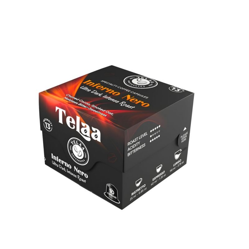 True Italian Ultra Dark Roast Coffee Capsules | Intensity 13 Extreme Strong Espresso Pods | Espresso Compatible Aluminium Capsules | 100% Arabica Specialty Coffee | Bold Smoky Bitter | 10 Pods – Telaa Inferno Nero