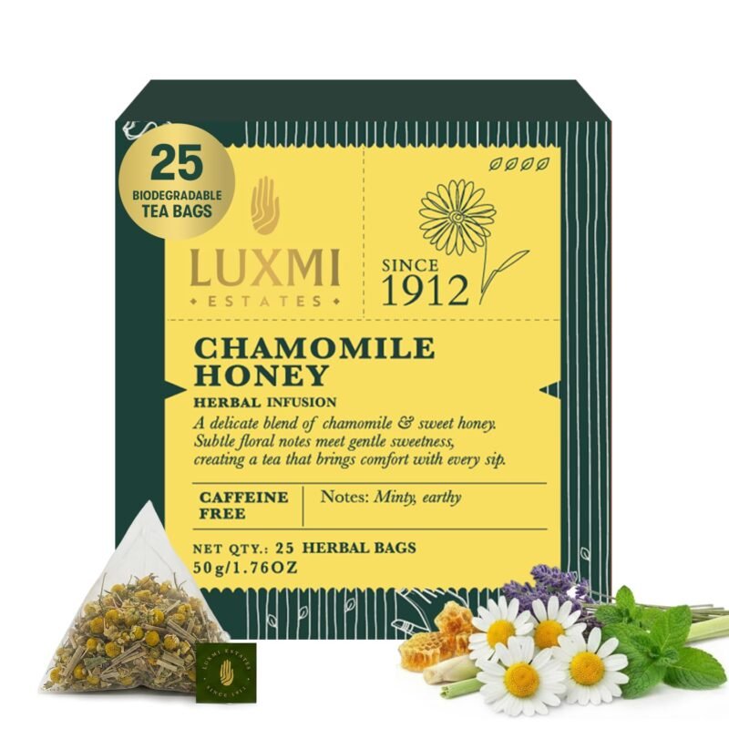 Luxmi Estates Chamomile Honey Herbal Infusion 25 Plant-Based Biodegradable Bags | Soothing And Relaxing Herbal Infusion | Stress Relief Bedtime Drink for Restful and Peaceful Sleep | Caffeine-Free