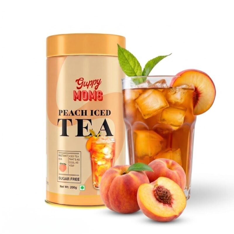 Guppy Moms Sugar-Free Peach Iced Tea Mix, Low-Calorie Fruit Drink Powder, Natural Energy Beverage, Premium Mixer, 200g, Makes 20 Servings