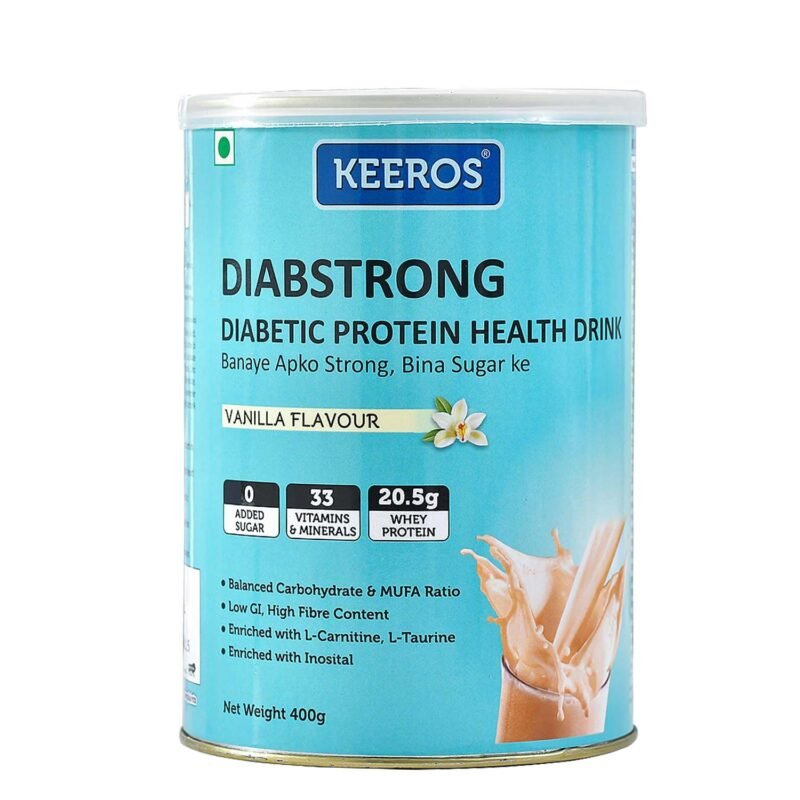 Keeros DiabStrong Diabetic Protein Health Drink Powder | No Added Sugar | High Protein with 20.5g Whey | Low GI & High Fibre | 33 Vitamins & Minerals | Blood Sugar Management Nutrition Drink (Vanilla Flavour, 400g)