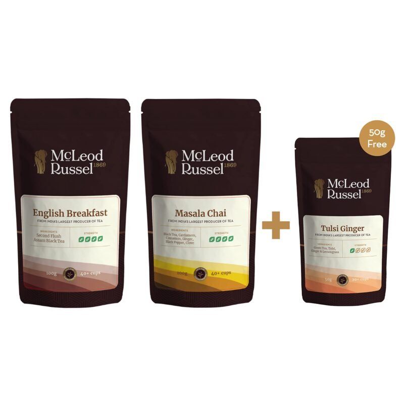 English Breakfast 100g | Masala Chai 100g | Tulsi Ginger 50g Free | Reinvigorating & Uplifting | Offer Pack | Buy 2 Get 1 Free