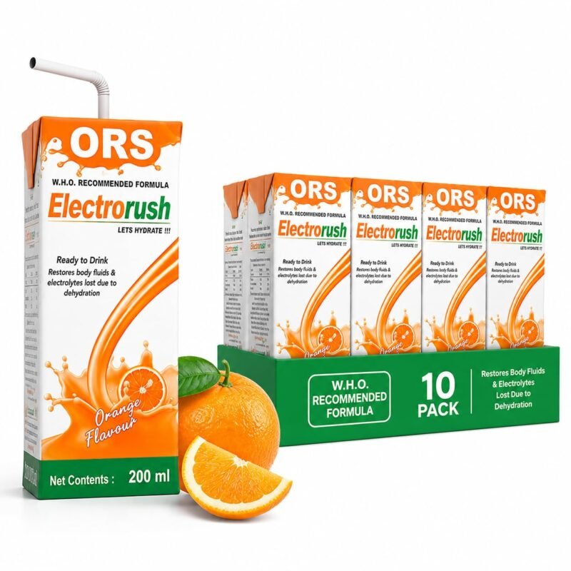 Electrorush Orange ORS Ready-to-Drink 200ml (Pack of 10) | Electrolyte Beverage | Hydration & Rehydration Drink with Sodium, Potassium & Dextrose | Orange Flavour | No Caffeine