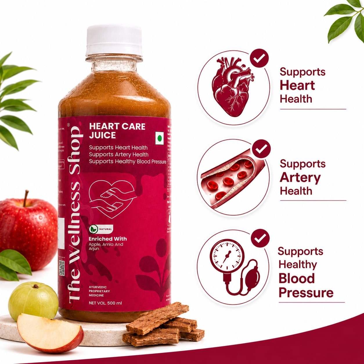 The Wellness Shop Heart Care Juice 500ml | Heart Health Juice with Arjuna, Garlic, Apple, Amla, Ginger & Lemon | Ayurvedic Drink for Supports Healthy Cholesterol & Circulation - Image 3