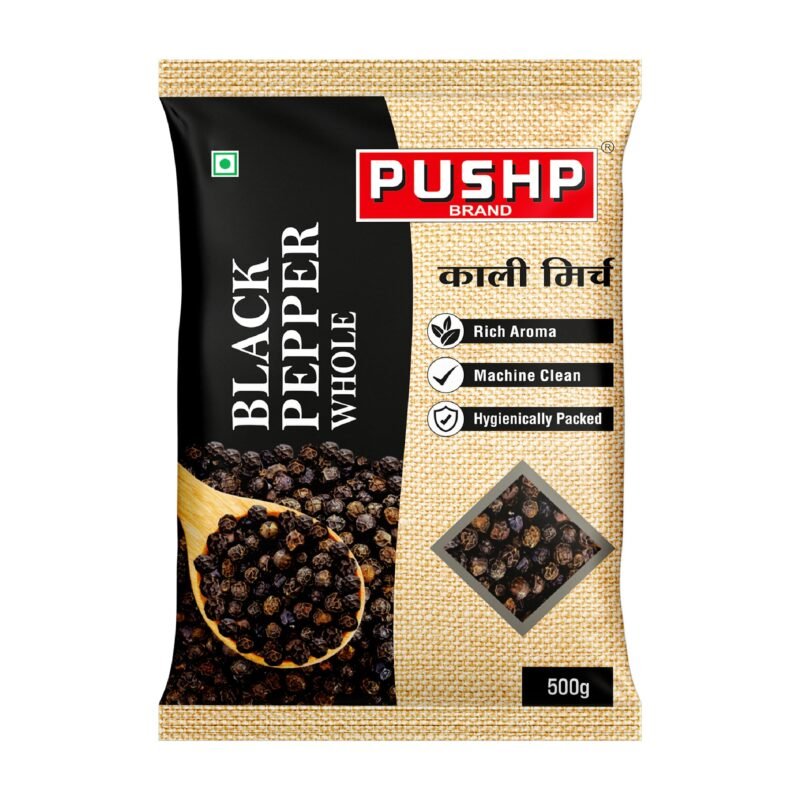 Pushp Brand Whole Black Pepper | 500 g Pouch | Natural Kali Mirch whole | Premium Spices for Everyday Cooking Pure & Aromatic | Pack of 1 |