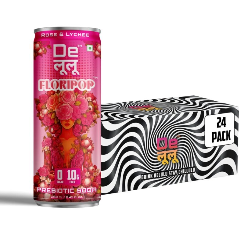 Delulu Floripop - Prebiotic Soda(Rose & Lychee) | Zero Sugar, 10 Grams Fiber | Refreshing Beverage Mix For Workout, Sports, Summer & Outdoor Activities | Ready-To-Drink, Easy Mixing Flavored Soda For Adults & Teens - 250 Ml (Pack of 24)