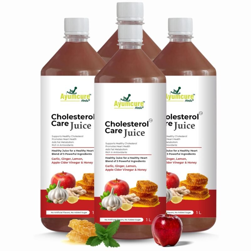 Ayumcure Cholesterol Care Juice | Ayurvedic Heart Health Drink with Garlic, Ginger, Lemon, Apple Cider Vinegar & Honey | Supports Healthy Cholesterol & Triglyceride Levels|Sugar-Free|1L (Pack of 4)