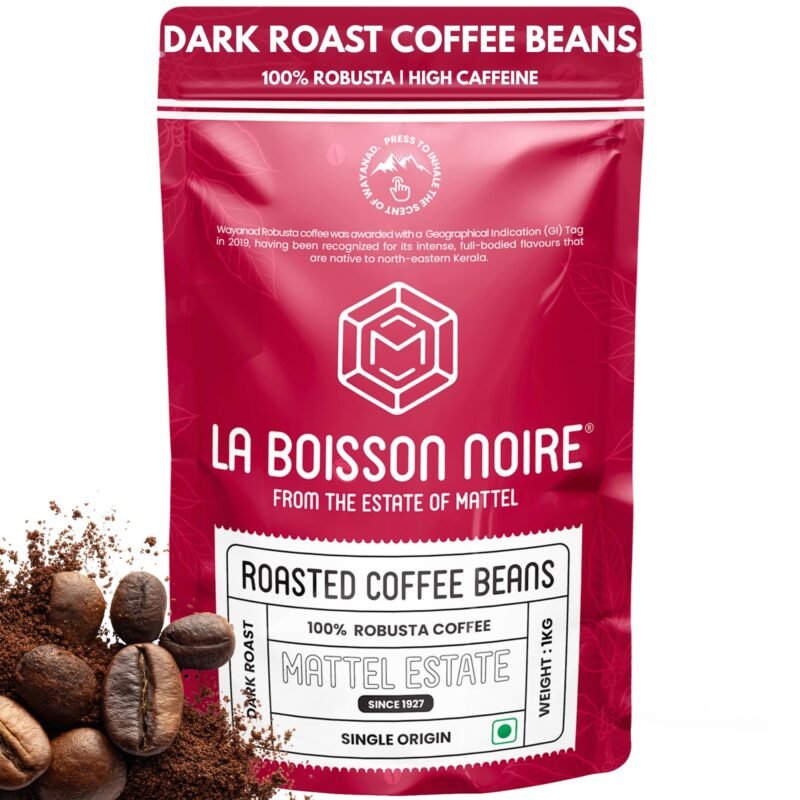 La Boisson Noire Roasted Coffee Beans (1Kg) | 100% Pure Robusta | Premium Dark Roast | Handpicked & Freshly Roasted | Bold, Smoky & Chocolatey | Whole Roasted Beans from Mattel Estate Since 1927, Kerala | Resealable Bag with Valve
