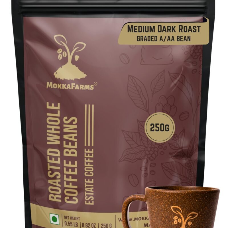 MokkaFarms Roasted Whole Coffee Beans - 250g | 100% Robusta | Medium Dark Roast, Sundried/Cherry, A/AA Grade | Freshly Roast Estate Coffee | Strong Flavor & Aroma | Farm to Fork Quality