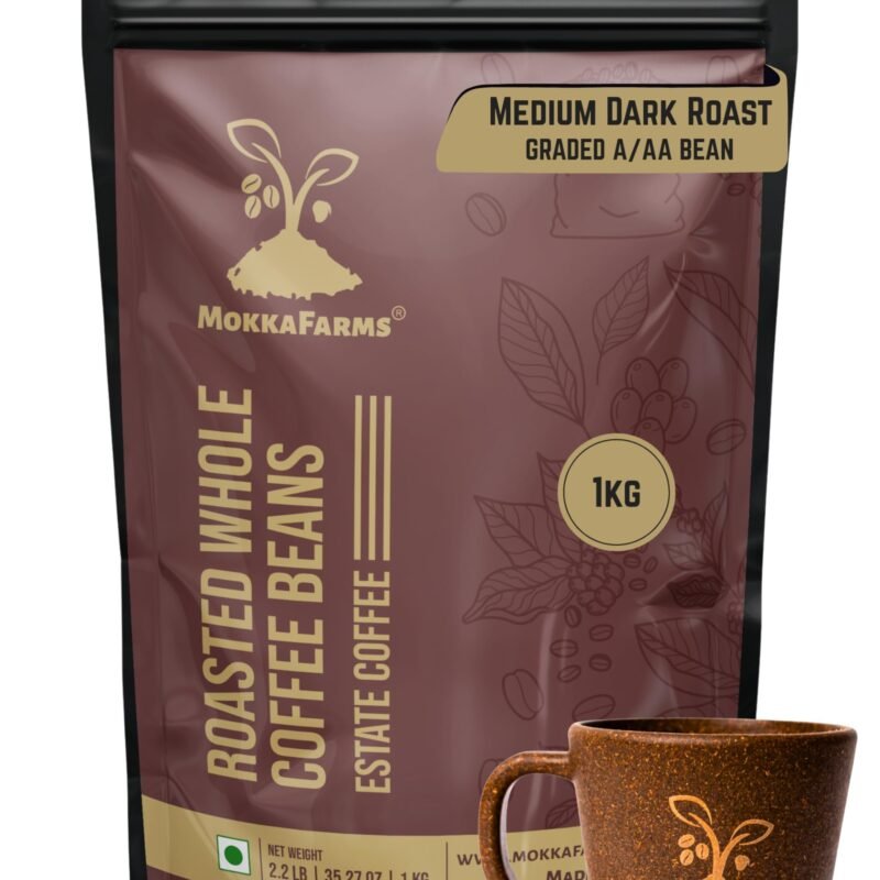 Roasted Whole Coffee Beans - 1kg | 100% Robusta | Medium Dark Roast, Sundried/Cherry, A/AA Grade | Freshly Roast Estate Coffee | Strong Flavor & Aroma | Farm to Fork Quality
