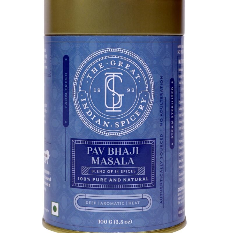 The Great Indian Spicery | Pav Bhaji Masala - 100gm Tin | Steam Sterilisation, Farm Fresh, Authentic Blend of 14 Spices, Non-Adulterated, No Added Color & Preservative | Deep & Aromatic Home Cooking