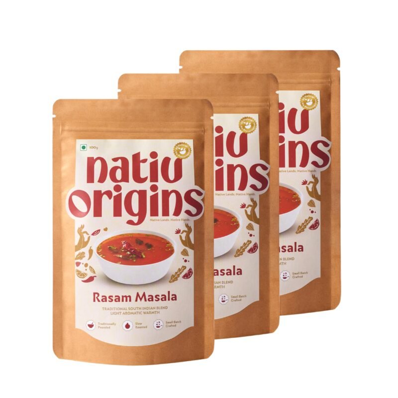 NativOrigins Rasam Masala Powder | Slow-Roasted & Traditionally Pounded | 9 Whole Spices | For Rasam, South Indian Soup & Light Gravies | No Additives | 3 x 100g
