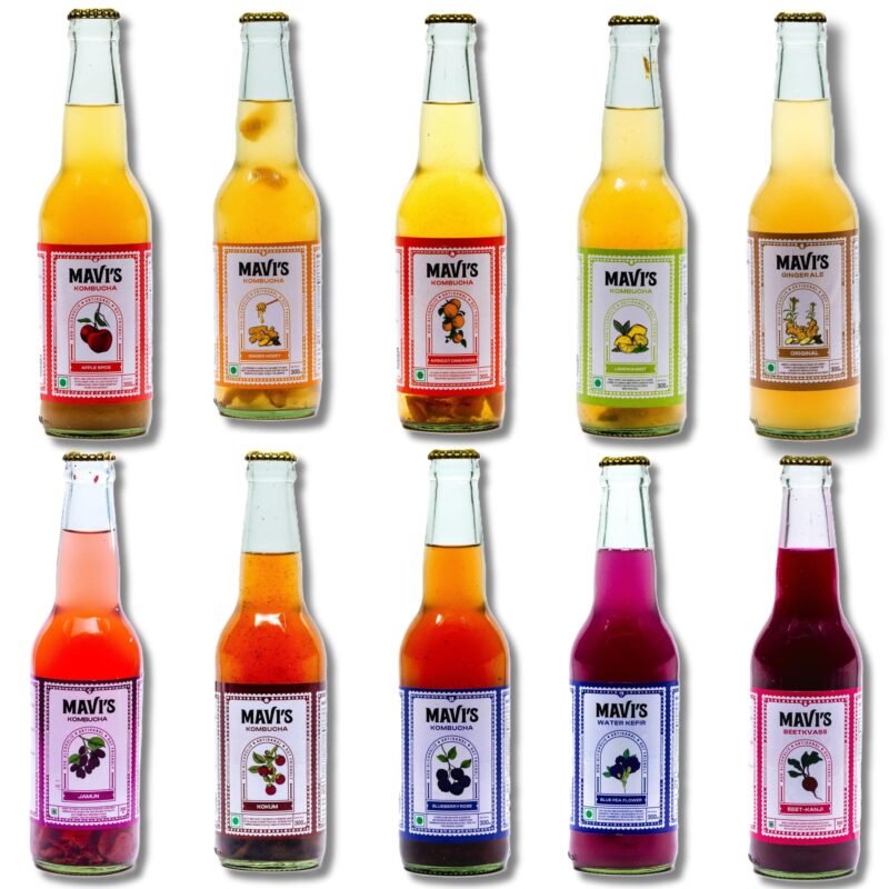 MAVI’s Assorted Pack of 10 Fermented Beverages | Kombucha, Water Kefir, Beet Kvass & Ginger Ale | Natural Probiotic Drinks for Gut Health | Refreshing 300 ml Bottles (Pack of 10)